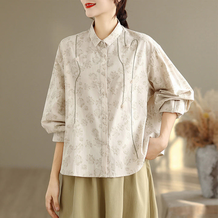 Camisa informal de poliéster de manga larga con bordado floral de Buddha Stones para mujer - image 16