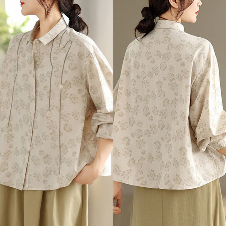 Camisa informal de poliéster de manga larga con bordado floral de Buddha Stones para mujer - image 18