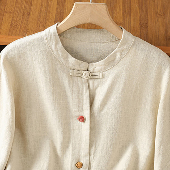 Camisa informal de algodón y poliéster de manga larga con botones de rana para mujer, con bolsillos y estampado de Buddha Stones - image 2