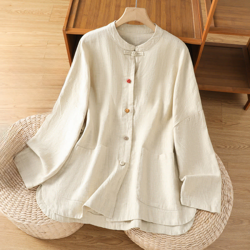 Camisa informal de algodón y poliéster de manga larga con botones de rana para mujer, con bolsillos y estampado de Buddha Stones - Beige - US14，UK/AU18，EU46 (2XL) - image 0