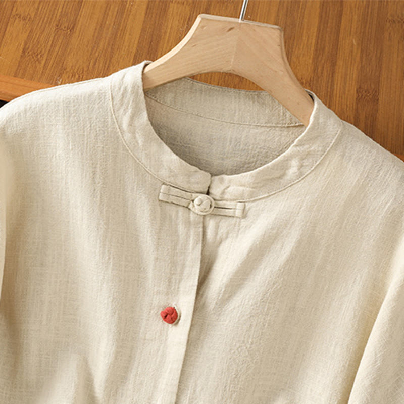 Camisa informal de algodón y poliéster de manga larga con botones de rana para mujer, con bolsillos y estampado de Buddha Stones - image 3