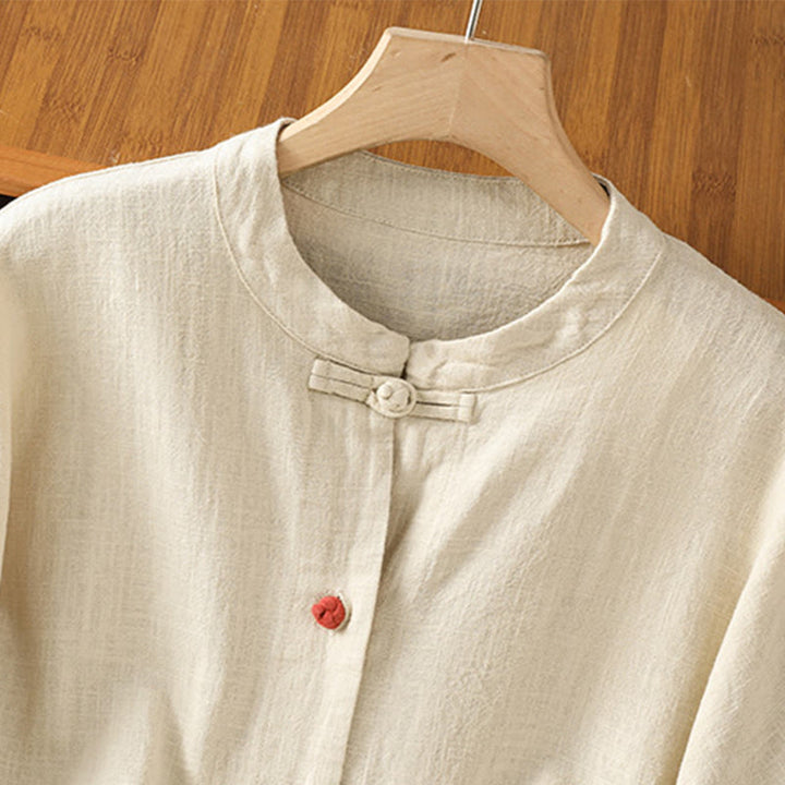 Camisa informal de algodón y poliéster de manga larga con botones de rana para mujer, con bolsillos y estampado de Buddha Stones - image 3