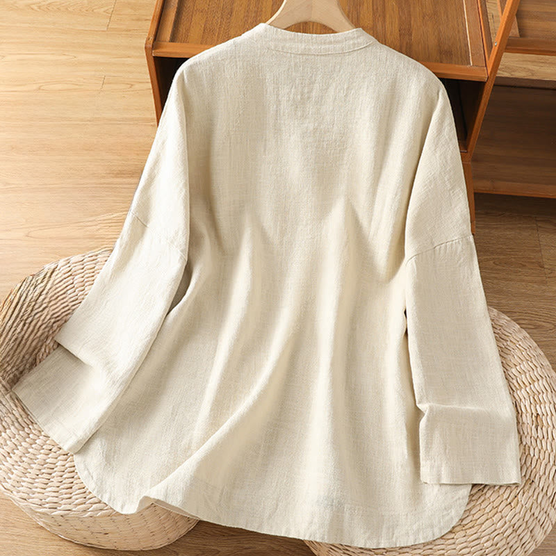 Camisa informal de algodón y poliéster de manga larga con botones de rana para mujer, con bolsillos y estampado de Buddha Stones - image 1