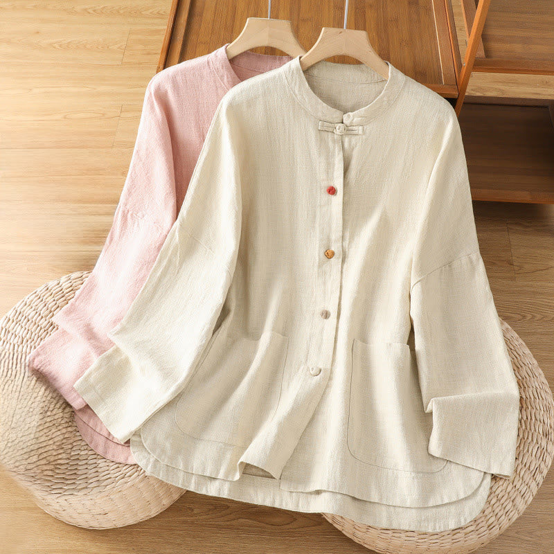 Camisa informal de algodón y poliéster de manga larga con botones de rana para mujer, con bolsillos y estampado de Buddha Stones - image 17