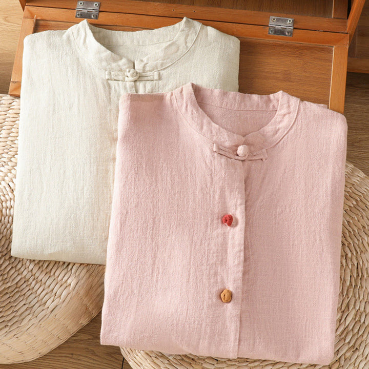 Camisa informal de algodón y poliéster de manga larga con botones de rana para mujer, con bolsillos y estampado de Buddha Stones - image 18