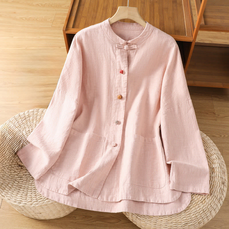 Camisa informal de algodón y poliéster de manga larga con botones de rana para mujer, con bolsillos y estampado de Buddha Stones - Rosa - US14，UK/AU18，EU46 (2XL) - image 8