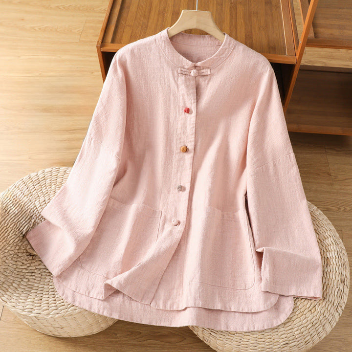 Camisa informal de algodón y poliéster de manga larga con botones de rana para mujer, con bolsillos y estampado de Buddha Stones - Rosa - US14，UK/AU18，EU46 (2XL) - image 8