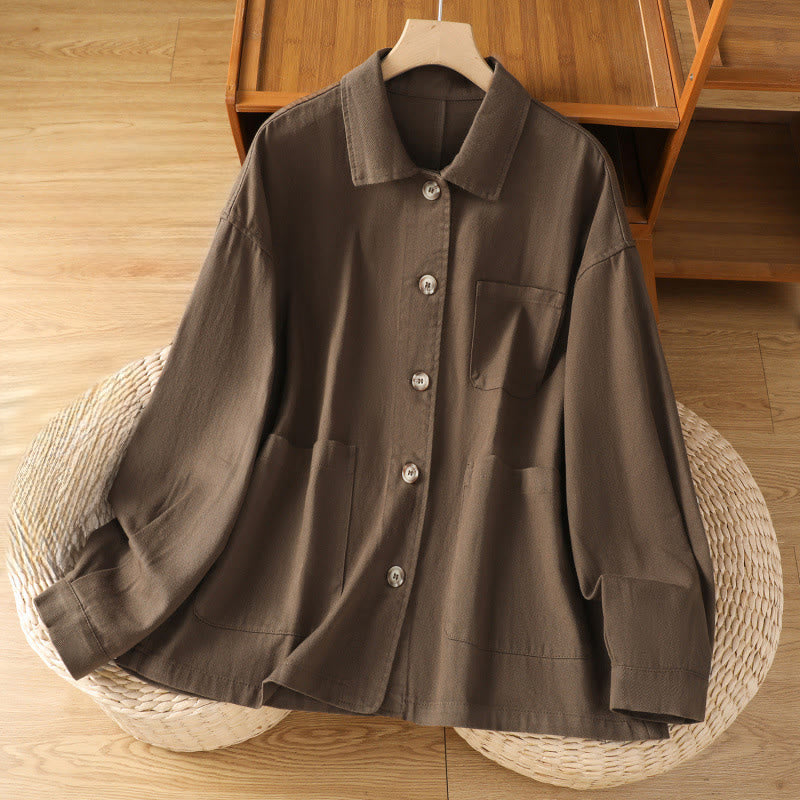 Camisa informal de algodón y poliéster con cuello alto y manga larga para mujer con bolsillos de Buddha Stones - SaddleBrown - US14，UK/AU18，EU46 (2XL) - image 0