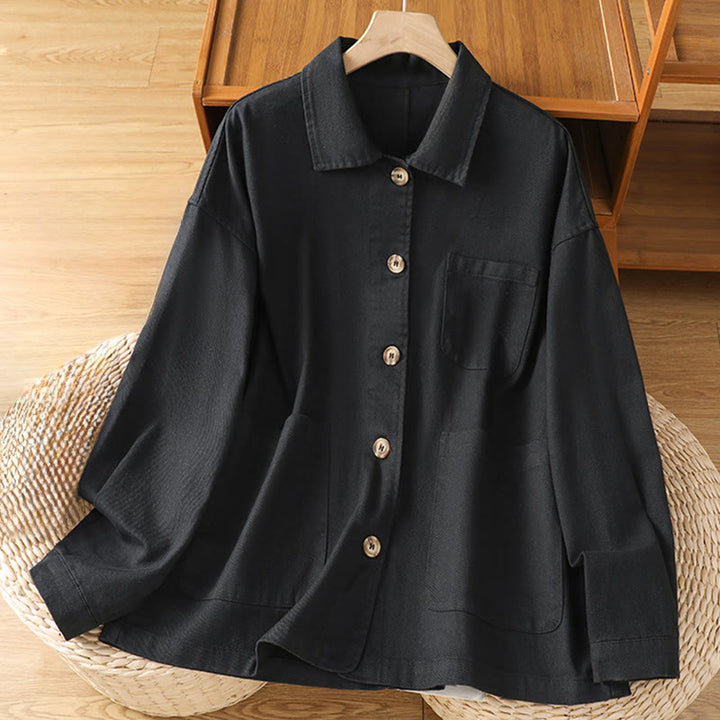 Camisa informal de algodón y poliéster con cuello alto y manga larga para mujer con bolsillos de Buddha Stones - Negro - US14，UK/AU18，EU46 (2XL) - image 9