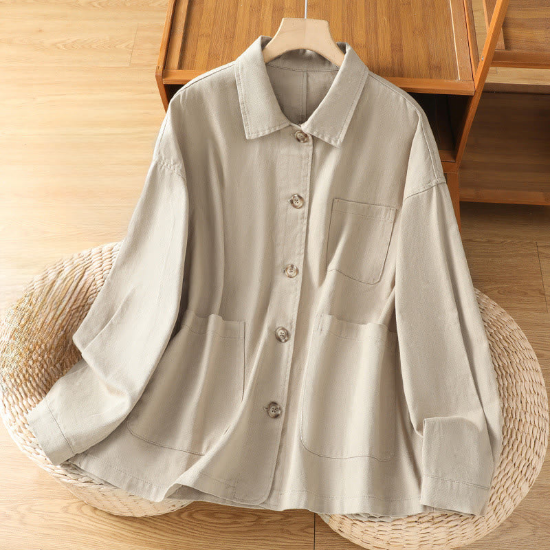 Camisa informal de algodón y poliéster con cuello alto y manga larga para mujer con bolsillos de Buddha Stones - Beige - US14，UK/AU18，EU46 (2XL) - image 18
