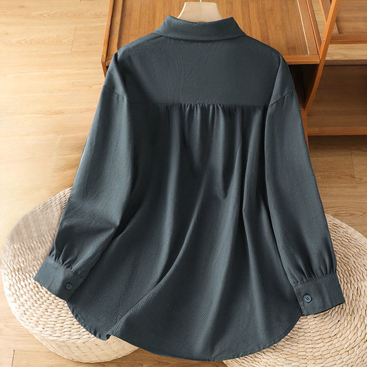 Camisa informal de algodón con cuello alto, manga larga y bolsillos para mujer de Buddha Stones - image 1