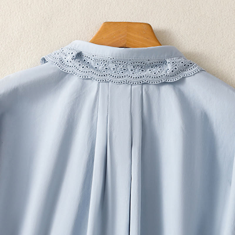 Camisa informal de algodón con solapa de encaje y manga larga para mujer de Buddha Stones - image 3