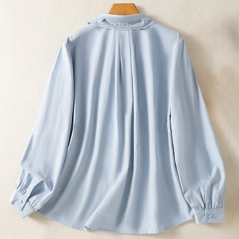 Camisa informal de algodón con solapa de encaje y manga larga para mujer de Buddha Stones - image 1