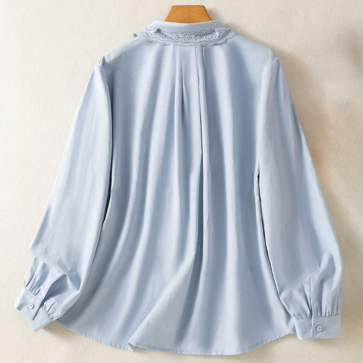 Camisa informal de algodón con solapa de encaje y manga larga para mujer de Buddha Stones - image 1