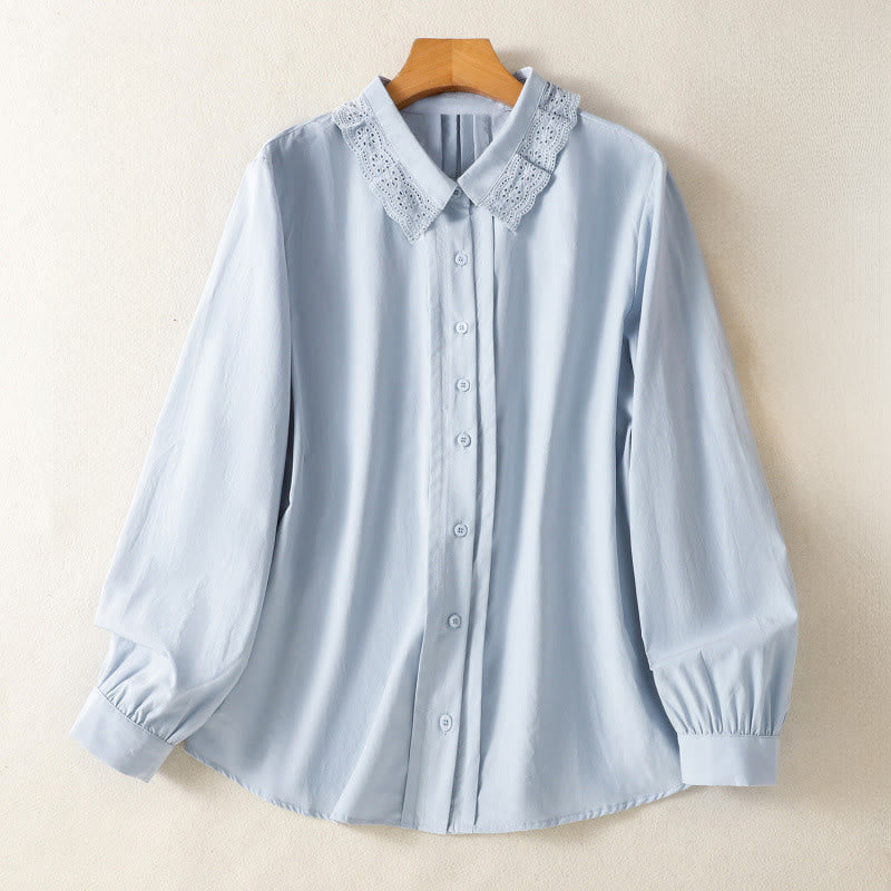 Camisa informal de algodón con solapa de encaje y manga larga para mujer de Buddha Stones - Azul cielo claro - US12, UK/AU16, EU44 (2XL) - image 0