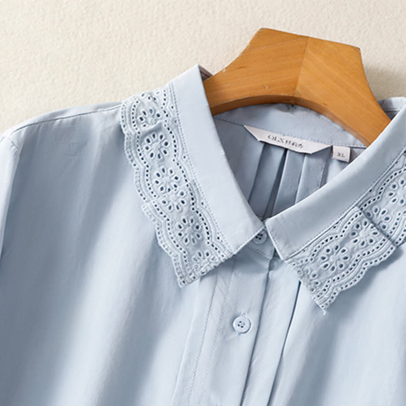 Camisa informal de algodón con solapa de encaje y manga larga para mujer de Buddha Stones - image 4