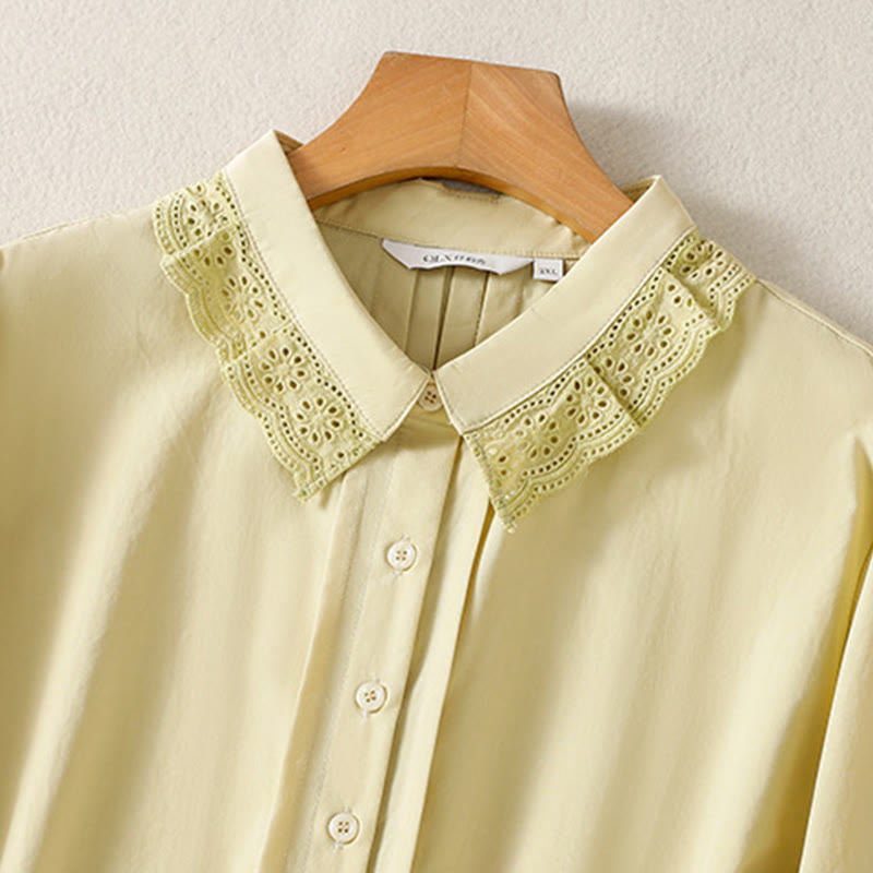 Camisa informal de algodón con solapa de encaje y manga larga para mujer de Buddha Stones - image 13