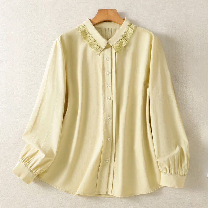 Camisa informal de algodón con solapa de encaje y manga larga para mujer de Buddha Stones - Caqui - US12, UK/AU16, EU44 (2XL) - image 9