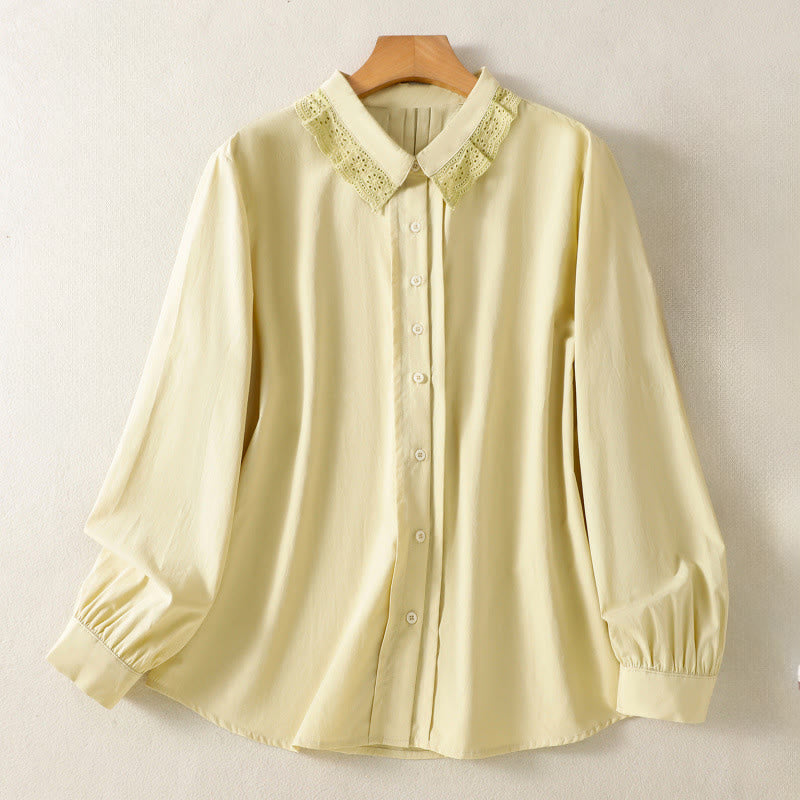 Camisa informal de algodón con solapa de encaje y manga larga para mujer de Buddha Stones - Caqui - US12, UK/AU16, EU44 (2XL) - image 9