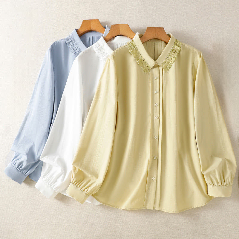 Camisa informal de algodón con solapa de encaje y manga larga para mujer de Buddha Stones - image 27