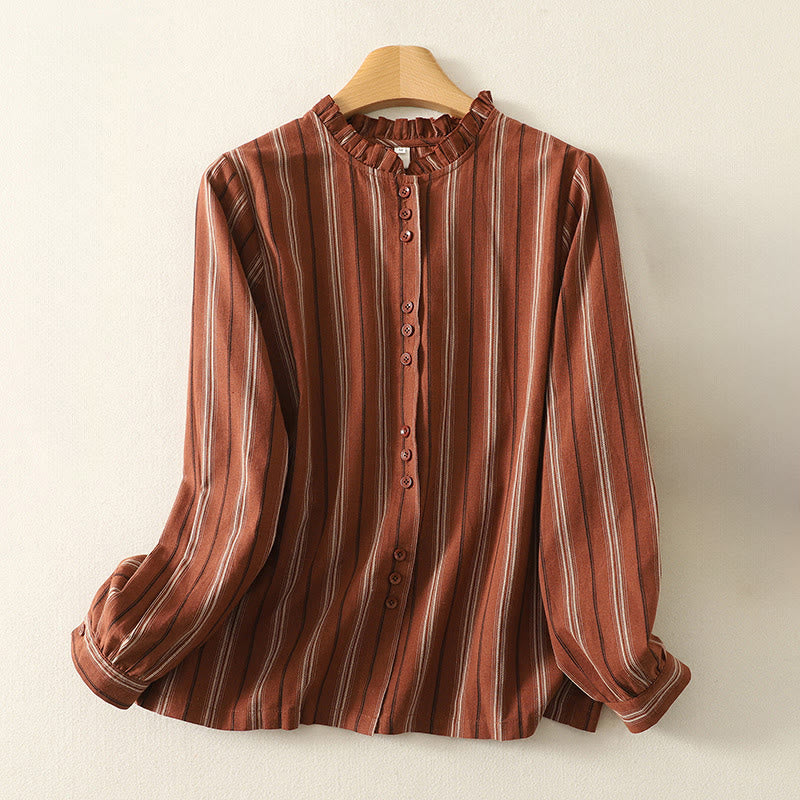 Camisa de poliéster de manga larga para mujer con diseño retro de rayas y Buddha Stones - Ladrillo refractario - US12, UK/AU16, EU44 (2XL) - image 0