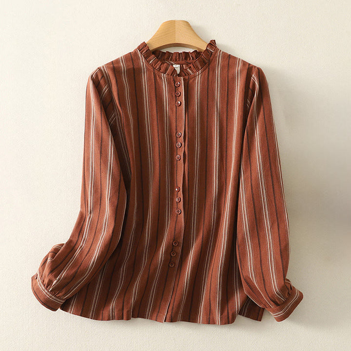 Camisa de poliéster de manga larga para mujer con diseño retro de rayas y Buddha Stones - Ladrillo refractario - US12, UK/AU16, EU44 (2XL) - image 0