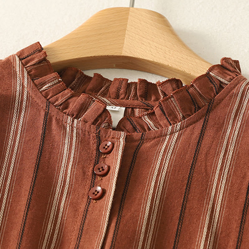 Camisa de poliéster de manga larga para mujer con diseño retro de rayas y Buddha Stones - image 1