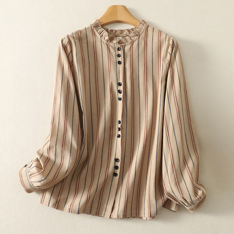 Camisa de poliéster de manga larga para mujer con diseño retro de rayas y Buddha Stones - BurlyWood - US12, UK/AU16, EU44 (2XL) - image 5