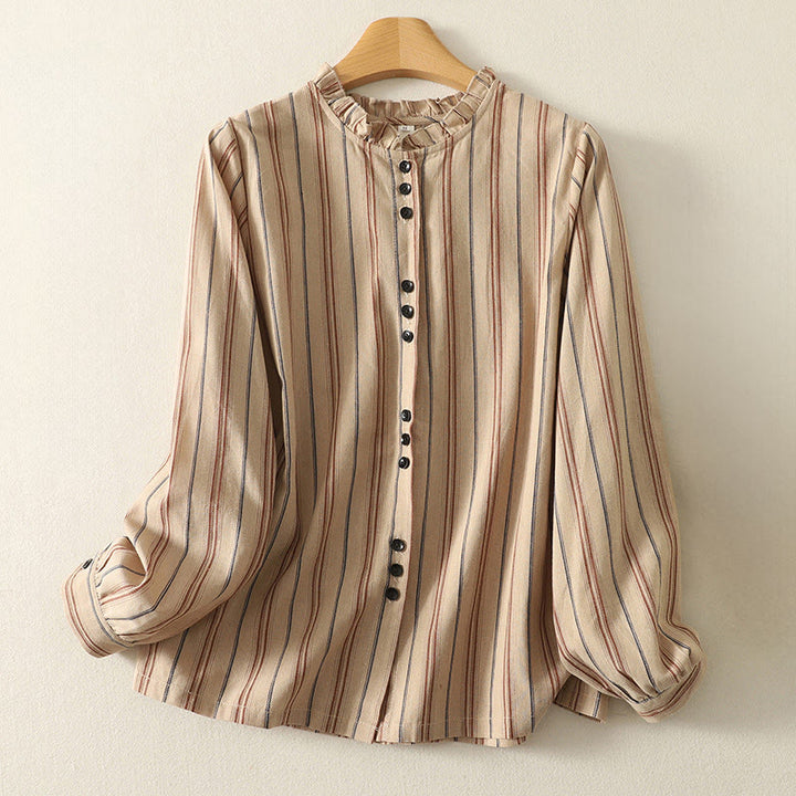 Camisa de poliéster de manga larga para mujer con diseño retro de rayas y Buddha Stones - BurlyWood - US12, UK/AU16, EU44 (2XL) - image 5