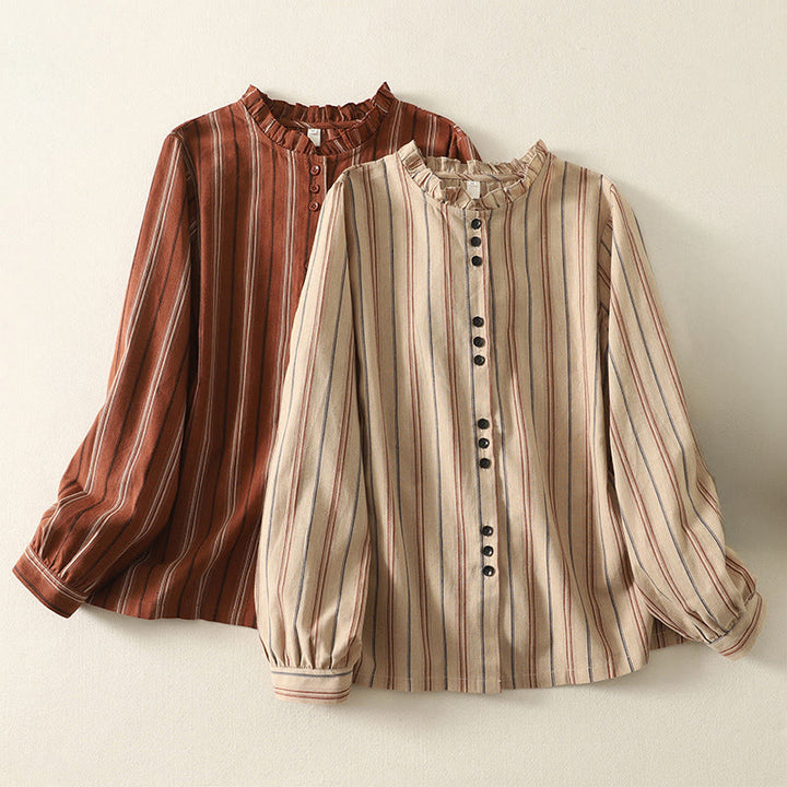 Camisa de poliéster de manga larga para mujer con diseño retro de rayas y Buddha Stones - image 14