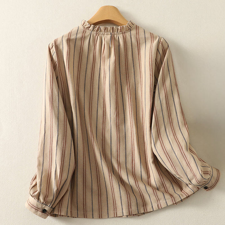 Camisa de poliéster de manga larga para mujer con diseño retro de rayas y Buddha Stones - image 6
