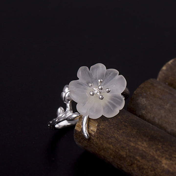 Anillo curativo ajustable de plata de ley 925 con flor de cristal blanco natural de Buddha Stones - image 3