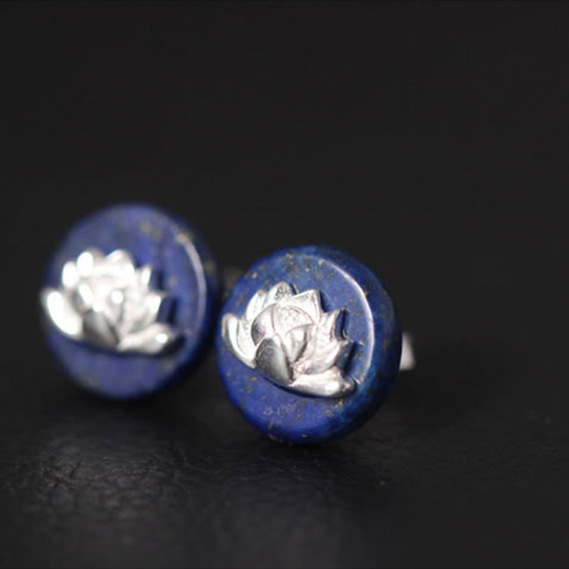 Pendientes de plata de ley 925 con diseño de loto y Buddha Stones , lazurita y lapislázuli. - image 1