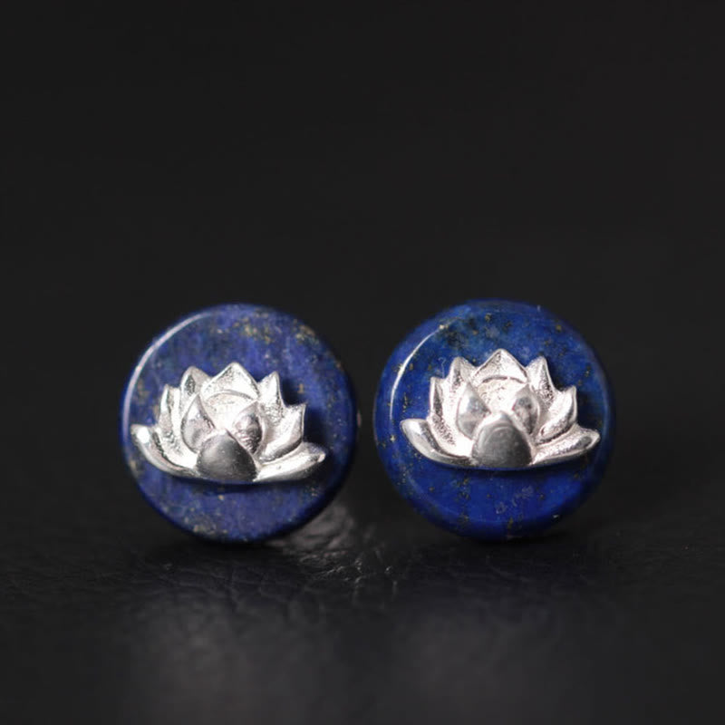 Pendientes de lapislázuli con diseño de loto en plata de ley 925 y Buddha Stones  - Loto de lazurita (postes de plata de ley 925) - image 0