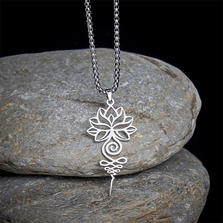 Collar colgante de acero inoxidable con diseño de símbolo de iluminación y chakras de loto y Buddha Stones. - Plata - image 0