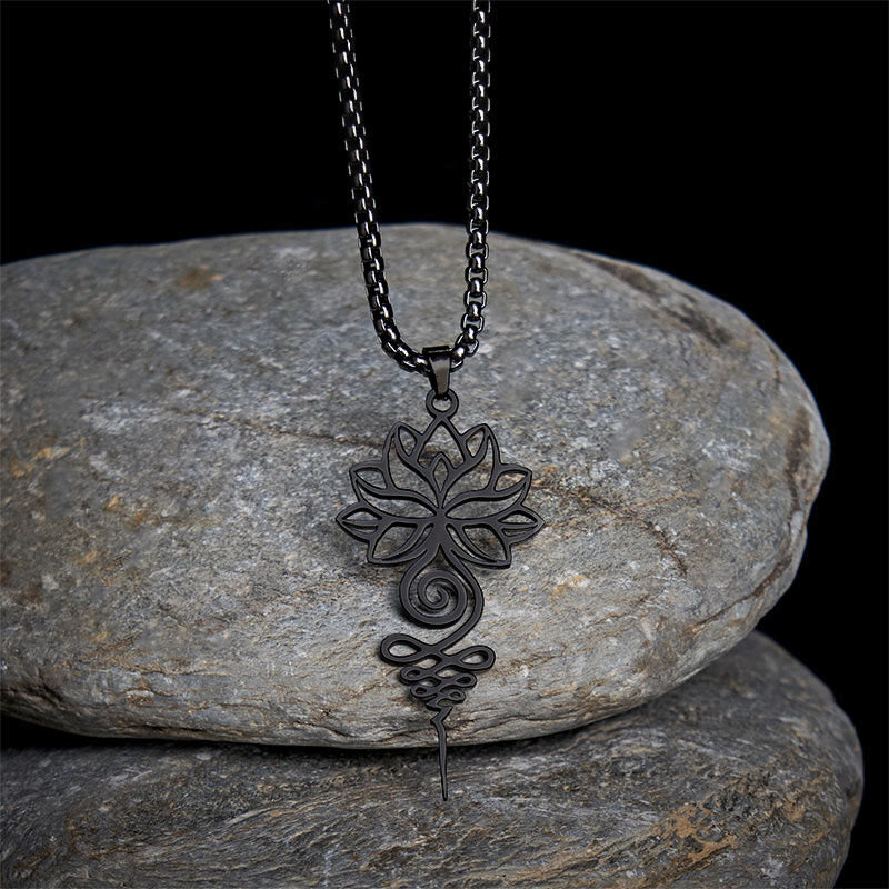 Collar colgante de acero inoxidable con diseño de símbolo de iluminación y chakras de loto y Buddha Stones. - Negro - image 12