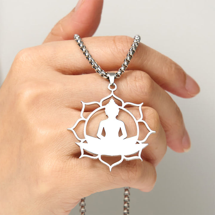 Collar con colgante de acero inoxidable con diseño de Buda sentado y loto vintage con Buddha Stones. - image 12