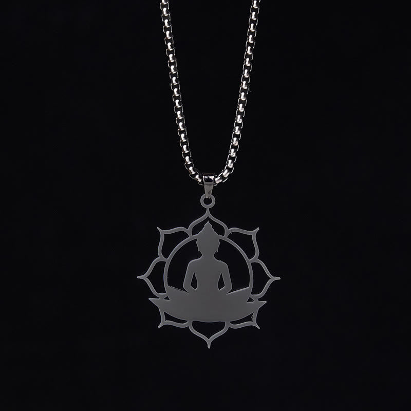Collar con colgante de acero inoxidable con diseño de Buda sentado y loto vintage con Buddha Stones. - image 17