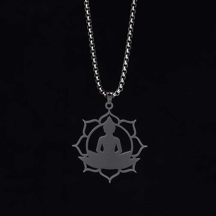 Collar con colgante de acero inoxidable con diseño de Buda sentado y loto vintage con Buddha Stones. - image 17
