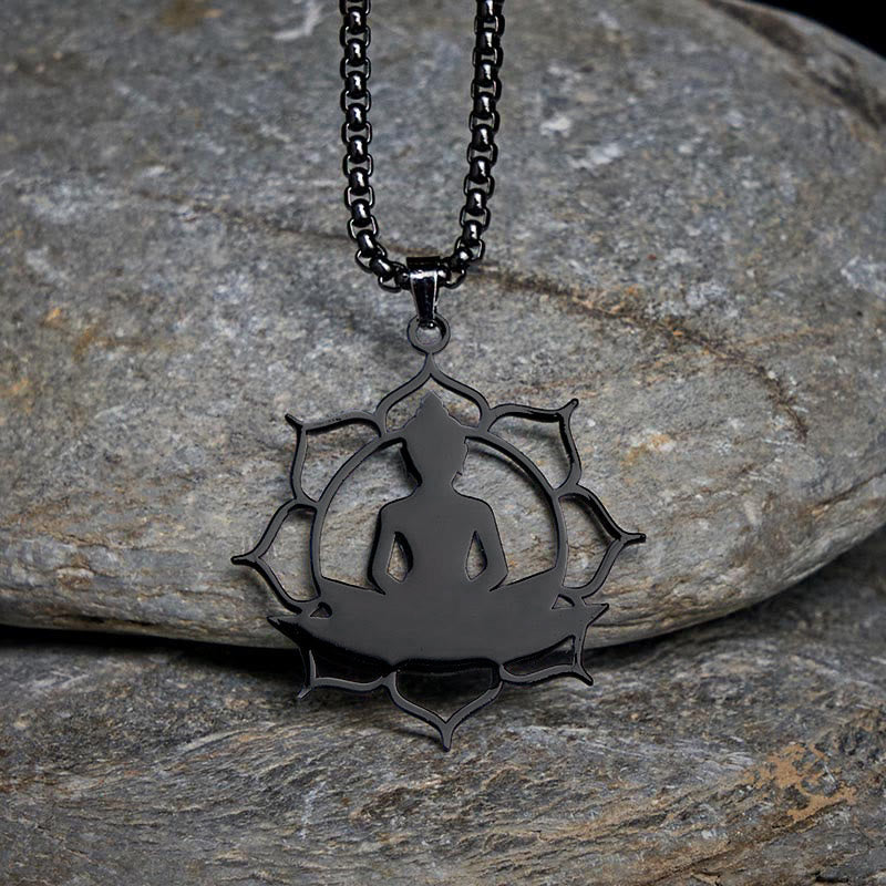 Collar con colgante de acero inoxidable con diseño de Buda sentado y loto vintage con Buddha Stones. - Negro - image 14