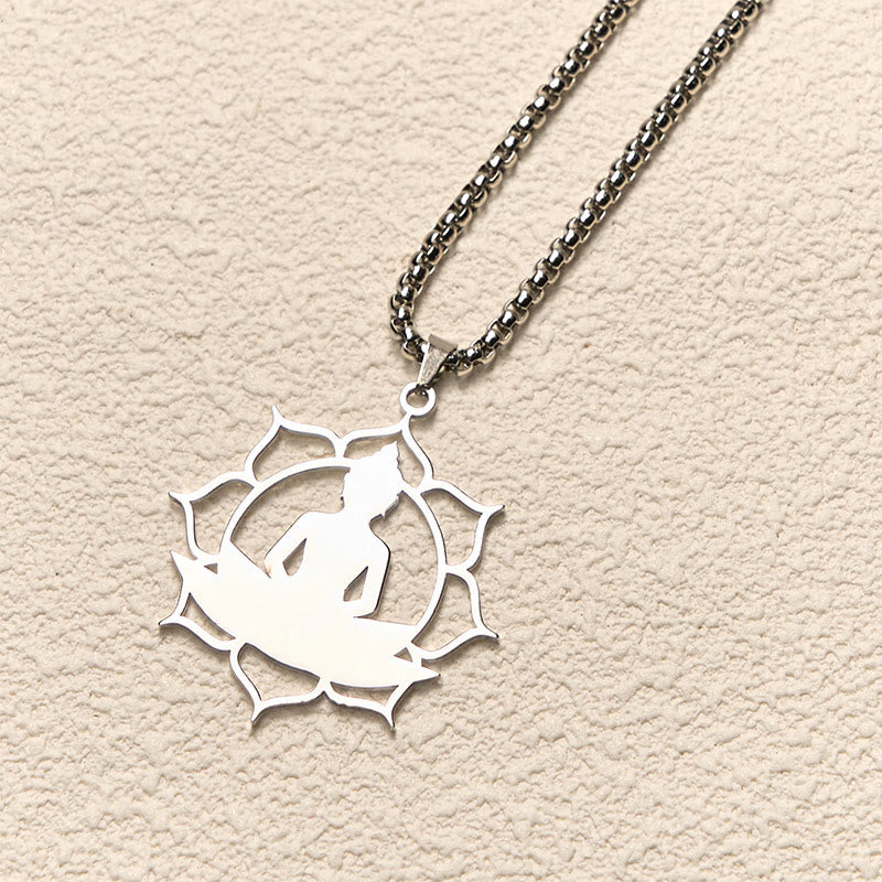 Collar con colgante de acero inoxidable con diseño de Buda sentado y loto vintage con Buddha Stones. - image 9