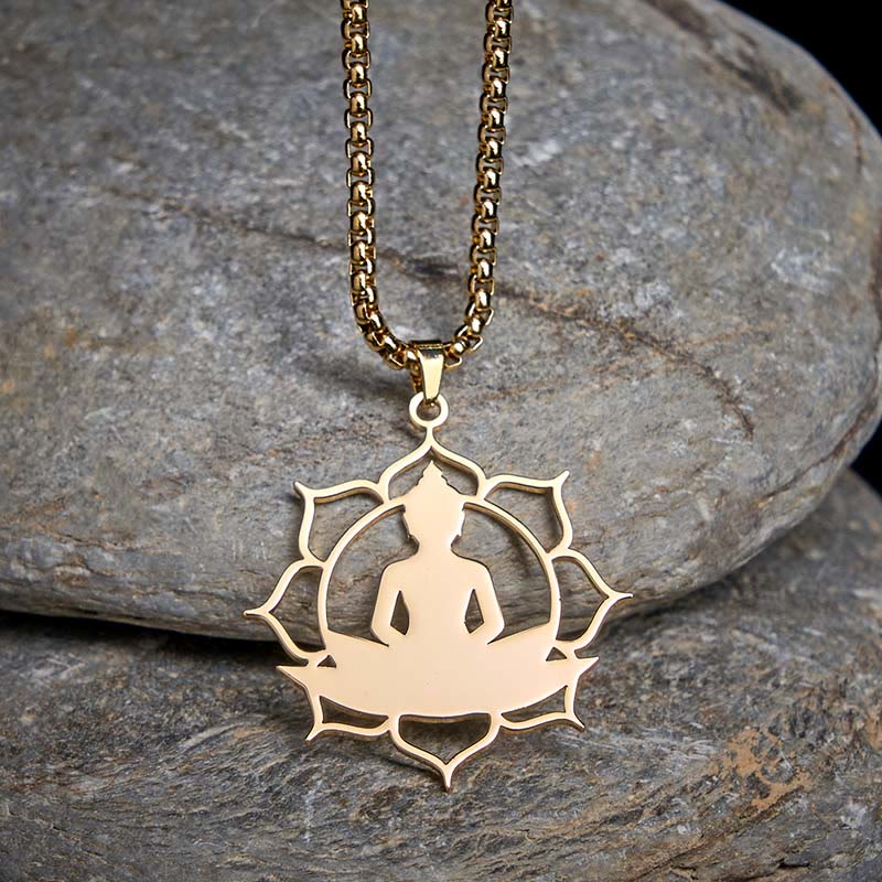 Collar con colgante de acero inoxidable con diseño de Buda sentado y loto vintage con Buddha Stones. - Oro - image 0