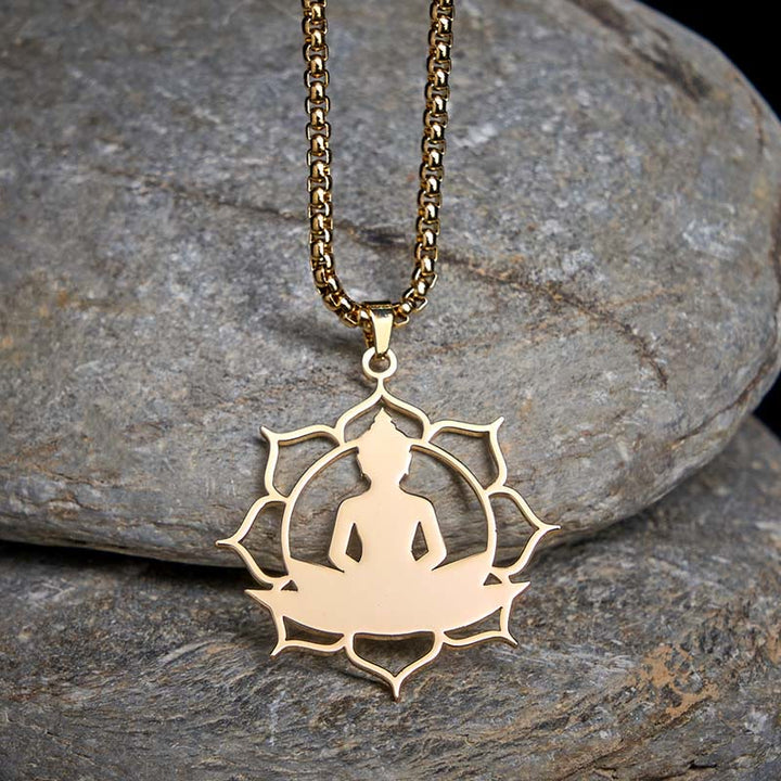 Collar con colgante de acero inoxidable con diseño de Buda sentado y loto vintage con Buddha Stones. - Oro - image 0