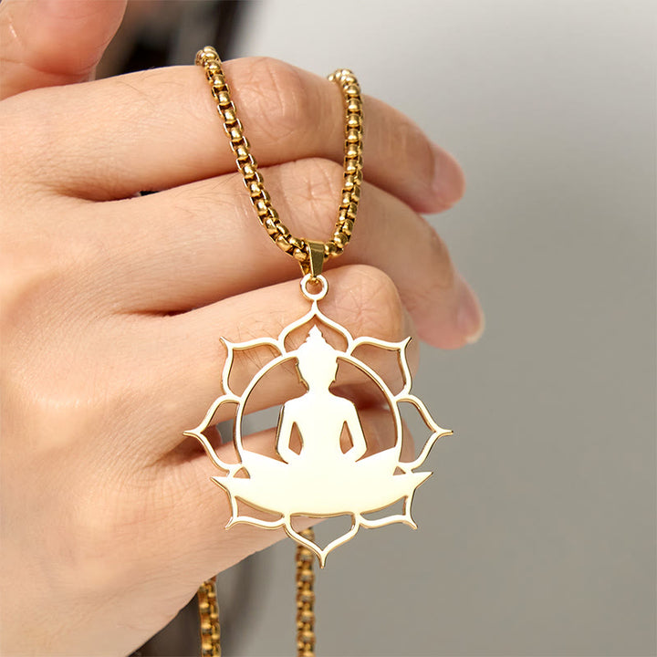 Collar con colgante de acero inoxidable con diseño de Buda sentado y loto vintage con Buddha Stones. - image 4