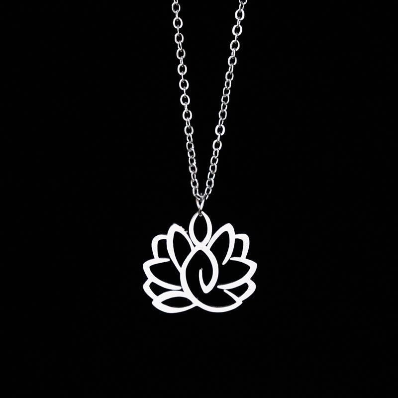 Collar con colgante de iluminación de acero inoxidable con diseño de loto hueco y Buddha Stones - Plata - image 0