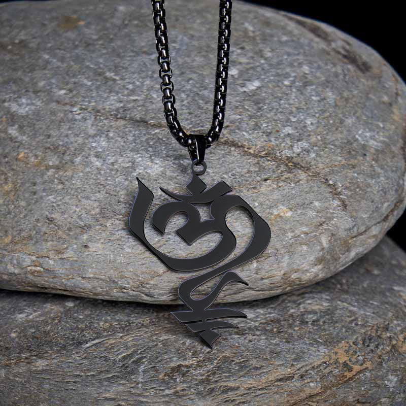 Collar con colgante de acero inoxidable con diseño geométrico de símbolo OM vintage de Buddha Stones - Negro - image 13