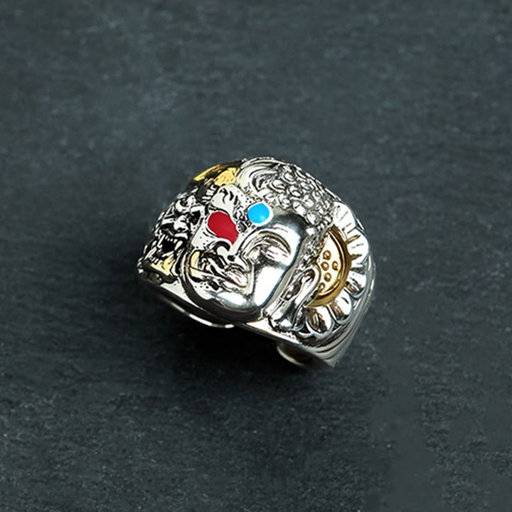 Anillo ajustable de cobre con Buddha Stones, mitad demonio, mitad Buda, loto y serenidad - image 3