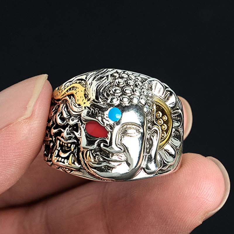 Anillo ajustable de cobre con Buddha Stones, mitad demonio, mitad Buda, loto y serenidad - image 1