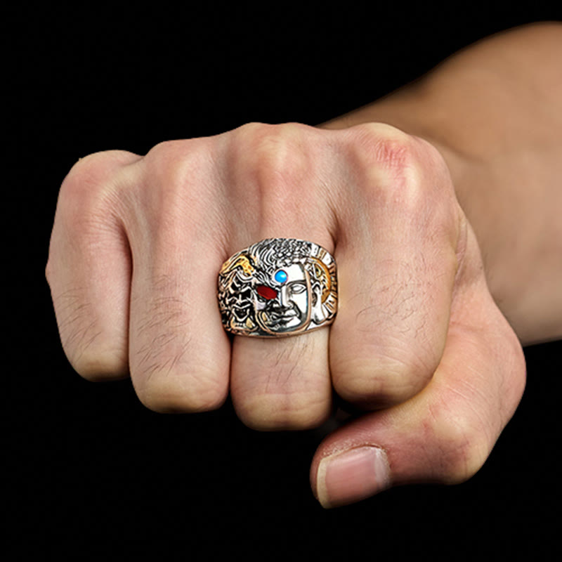 Anillo ajustable de cobre con Buddha Stones, mitad demonio, mitad Buda, loto y serenidad - image 2