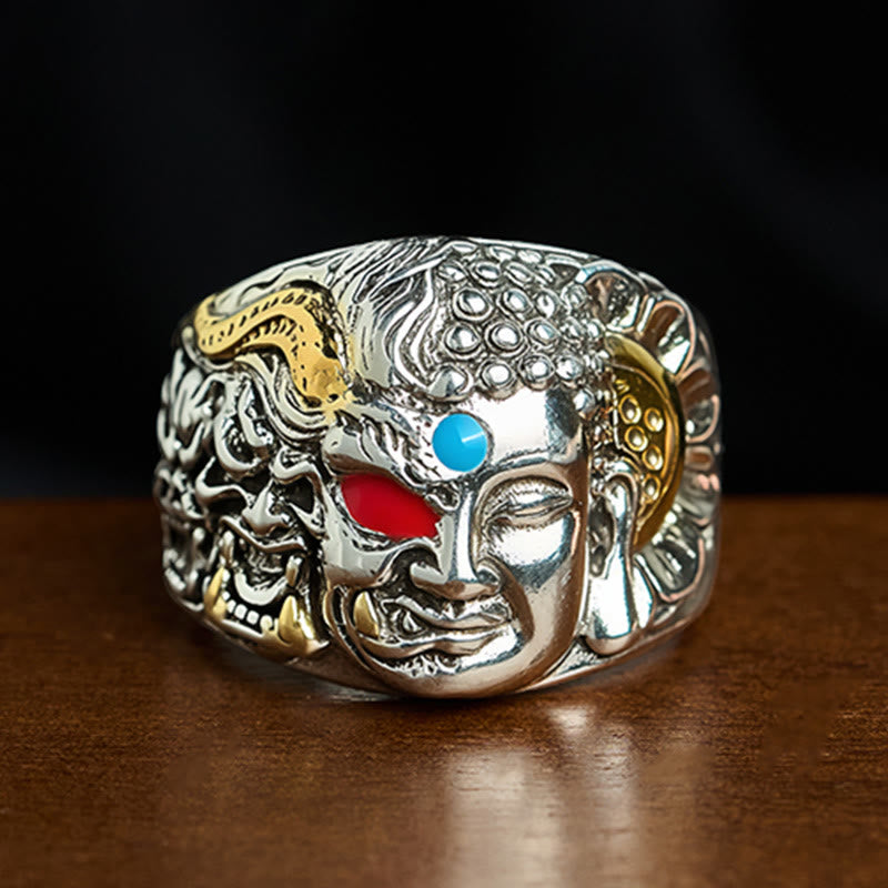 Anillo ajustable de cobre con Buddha Stones, mitad demonio, mitad Buda, loto y serenidad - US10 (20 mm) - image 0